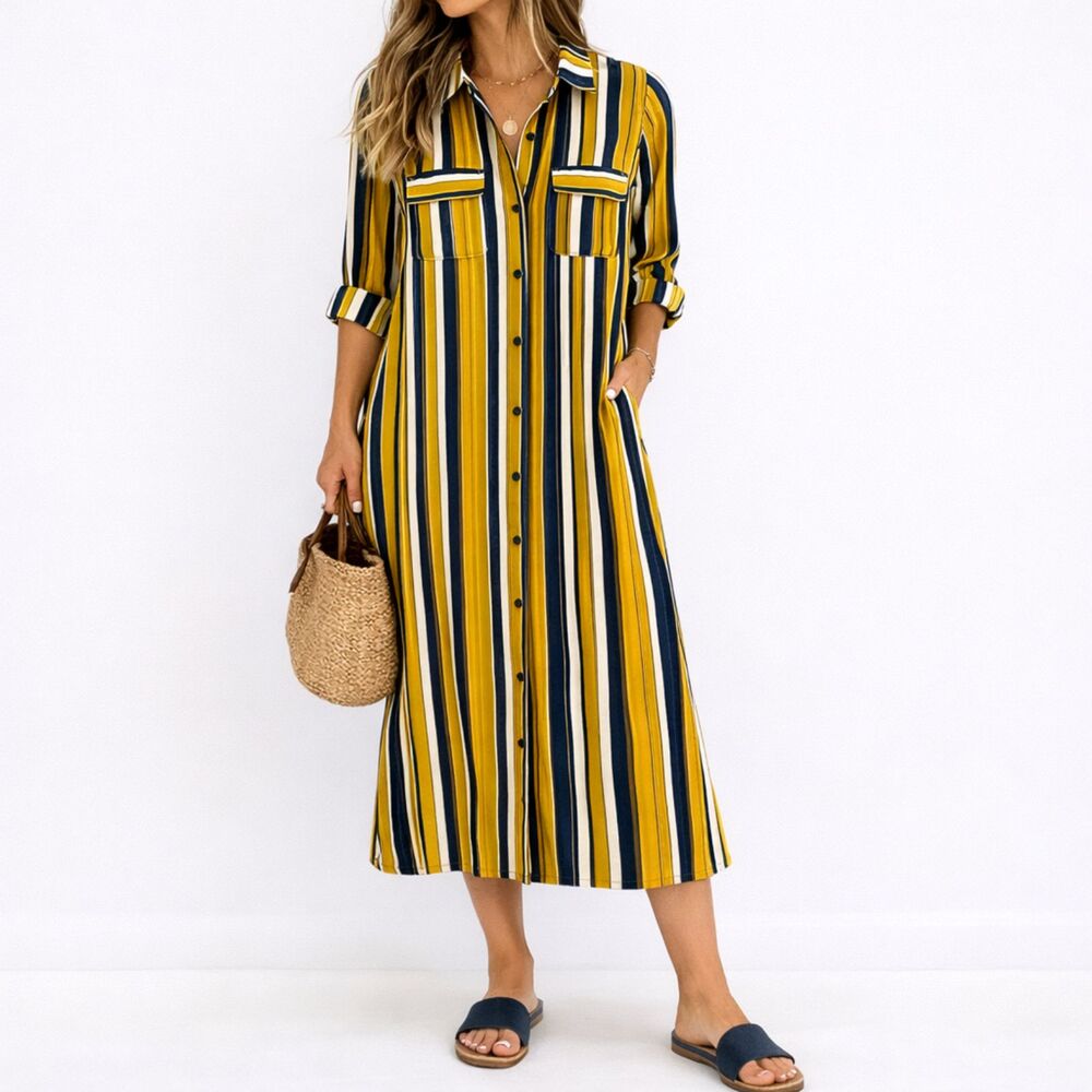 Lulus Cannes Golden Yellow Metallic Striped Long Sleeve Shirt Dress Duster Small